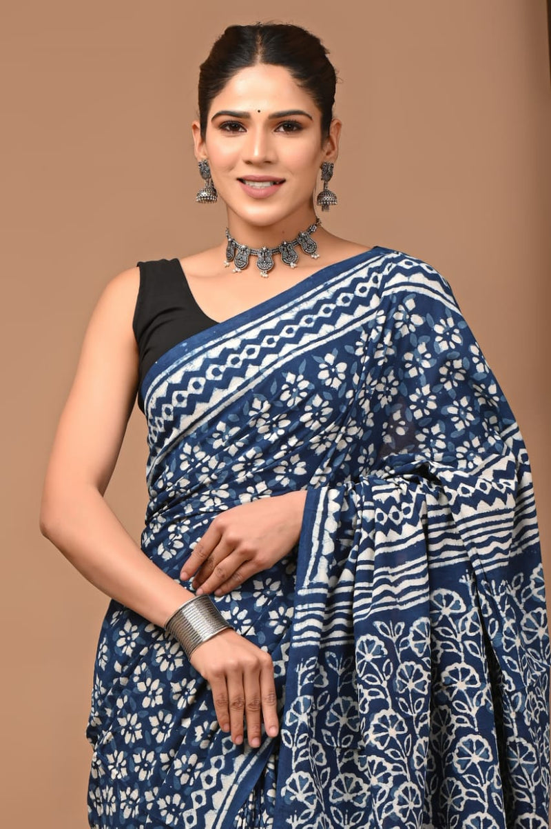 INDIGO HAND BLOCK PRINT COTTON MULMUL SAREE WITH BLOUSE (CMSYS12)