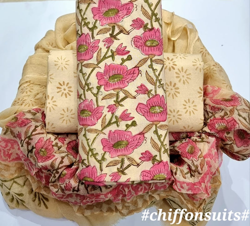 DESIGNER HAND BLOCK PRINT PURE COTTON SUIT WITH CHIFFON DUPATTA (PCHFYS148)