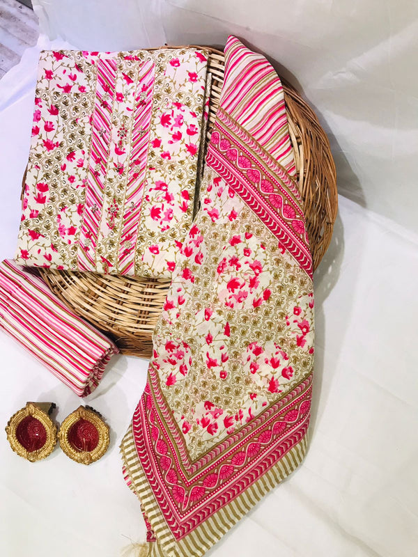 SANGANERI PRINT COTTON SUIT MATERIAL WITH COTTON DUPATTA GOTTA TYE NECK WORK (GOTAYS37)