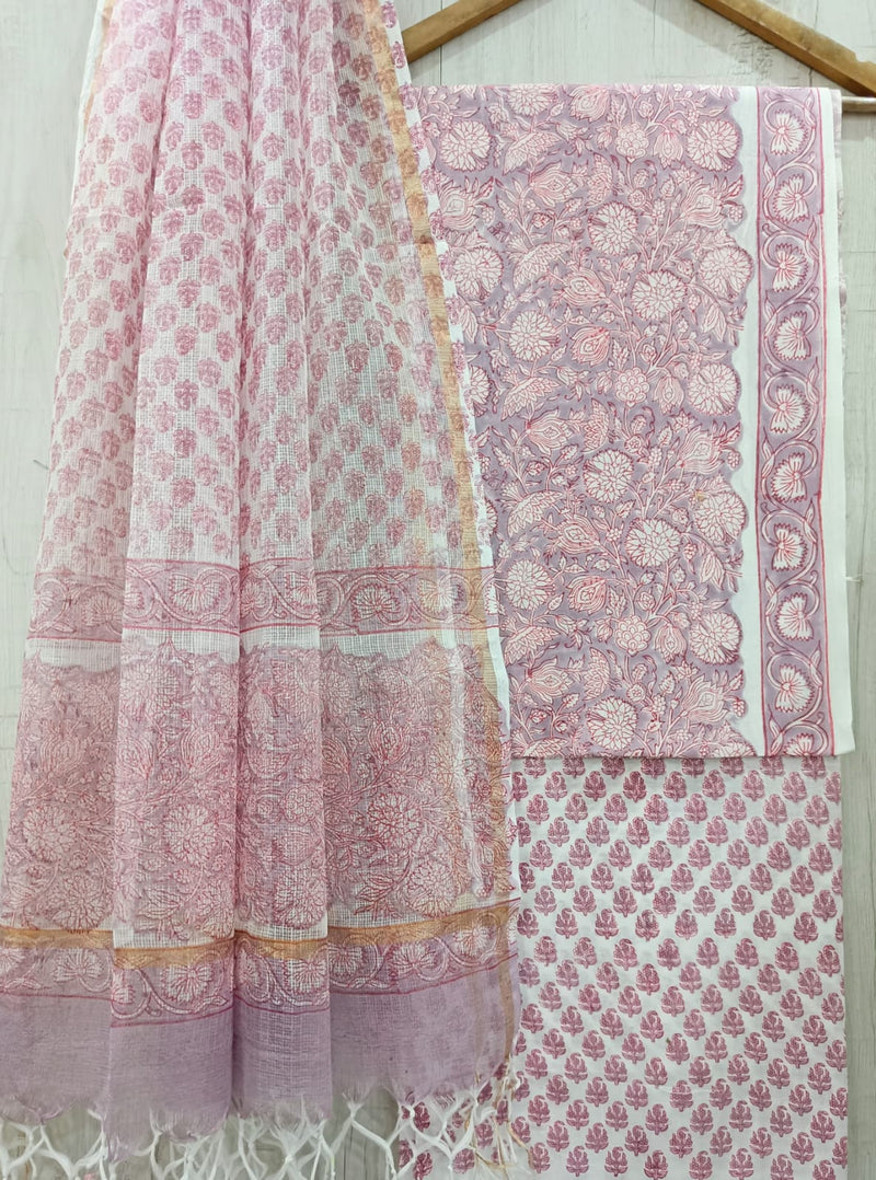 DESIGNER HAND BLOCK PRINT PURE COTTON SUIT MATERIAL WITH KOTA DORIA DUPATTA (3CKDYS71