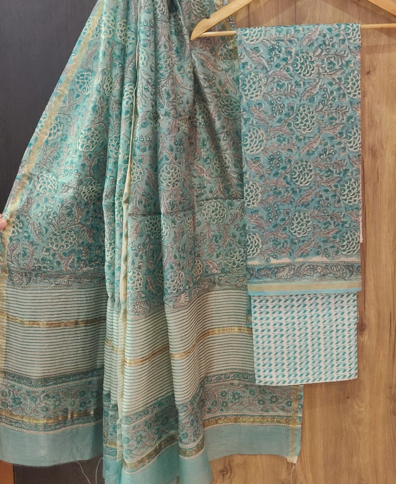 TRADITIONAL HAND BLOCK AJRAK PRINT CHANDERI SILK SUIT SET WITH CHANDERI DUPATTA (CHDYS100)