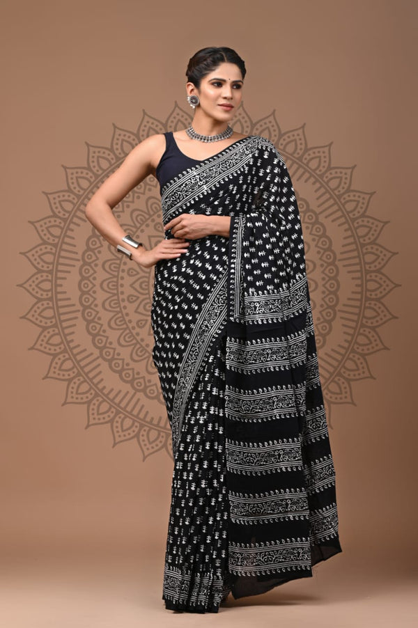 BLACK AND WHITE HAND BLOCK PRINT COTTON MULMUL SAREE WITH BLOUSE (CMSYS15)