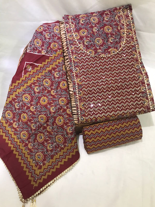 SANGANERI PRINT COTTON SUIT MATERIAL WITH CHIFFION DUPATTA GOTTA NECK WORK (GOTAYS126)