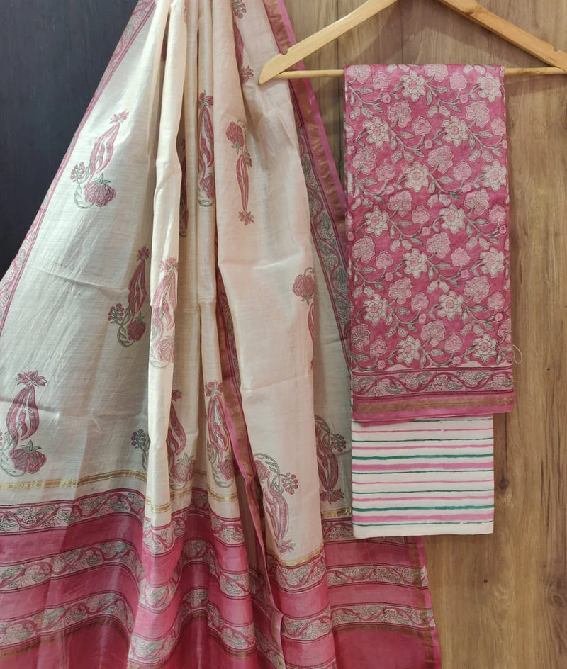 DESIGNER HAND BLOCK PRINT CHANDERI SILK SUIT WITH PREMIUM CHANDERI DUPATTA (CHDYS299)