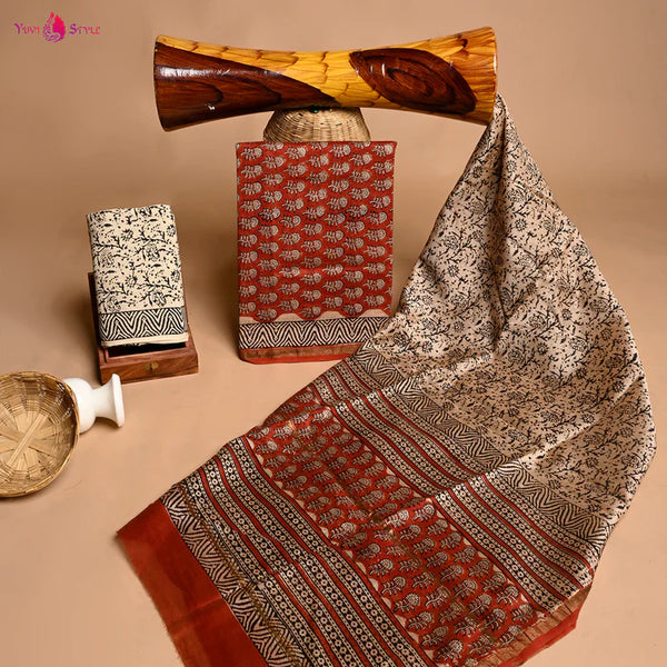 TRADITIONAL  HAND BLOCK CHANDERI SILK SUIT SET WITH CHANDERI DUPATTA(CHDYS155)