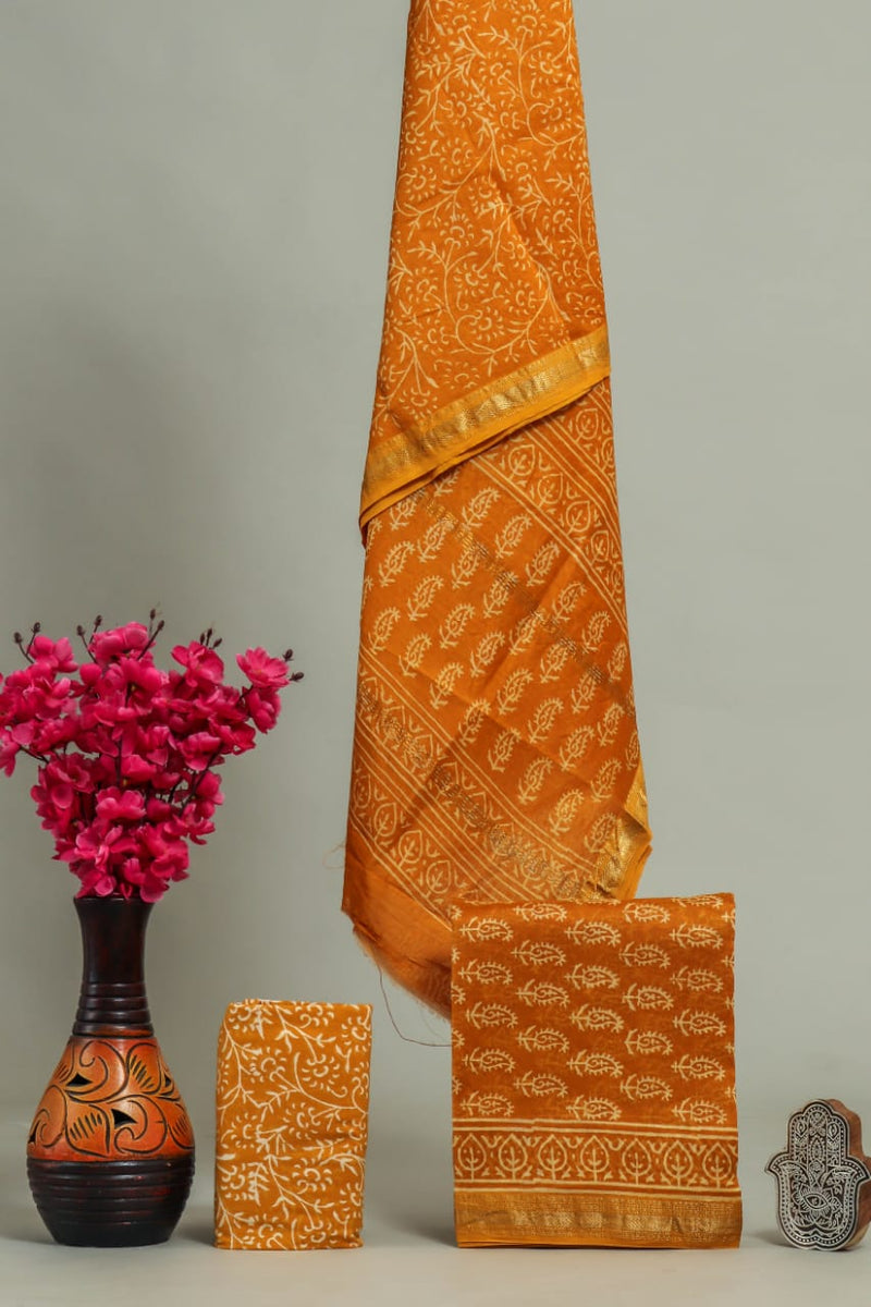 EXCLUSIVE  HAND BLOCK PRINT MAHESHWARI SILK SUIT WITH MAHESHWARI SILK (MSLYS93)