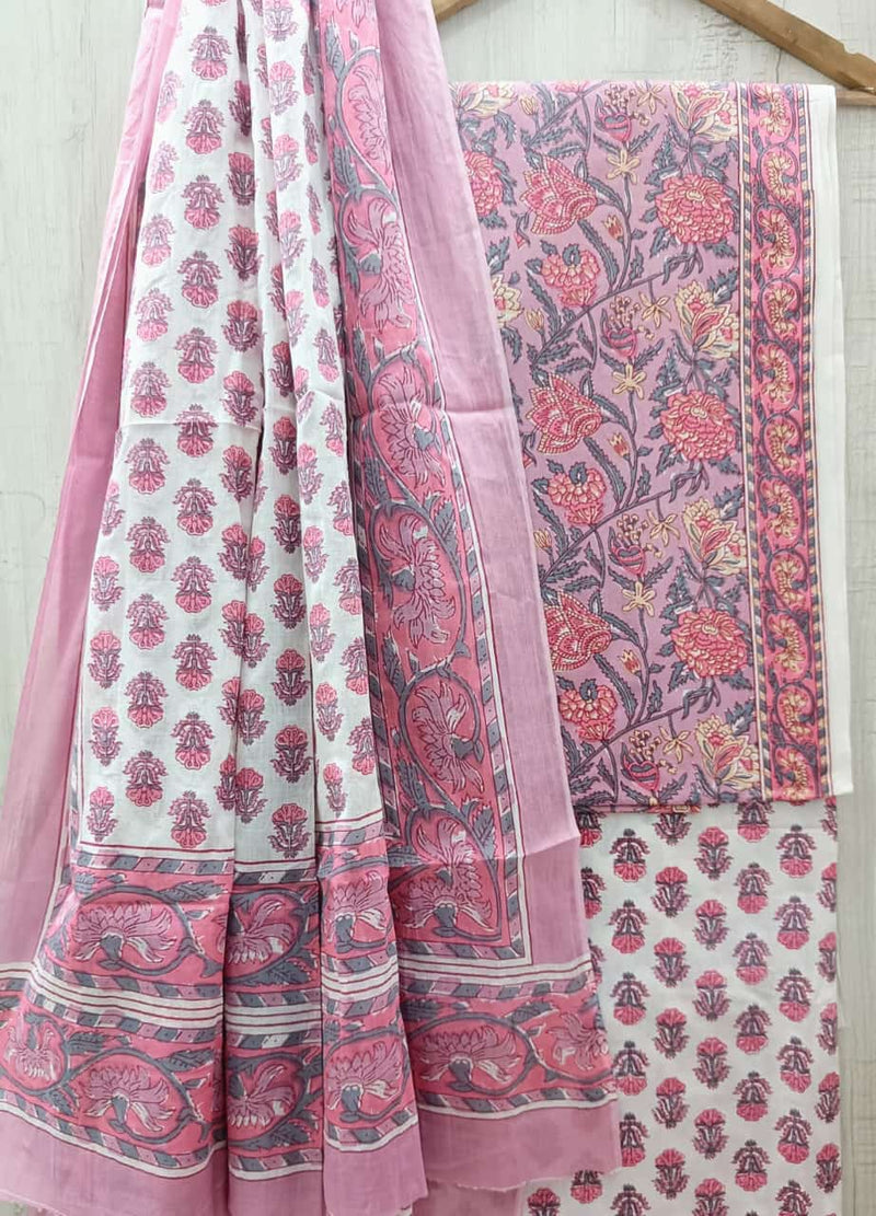 Designer Hand Block Print Pure Cotton Suit with Cotton Mulmul Dupatta (MALYS17)