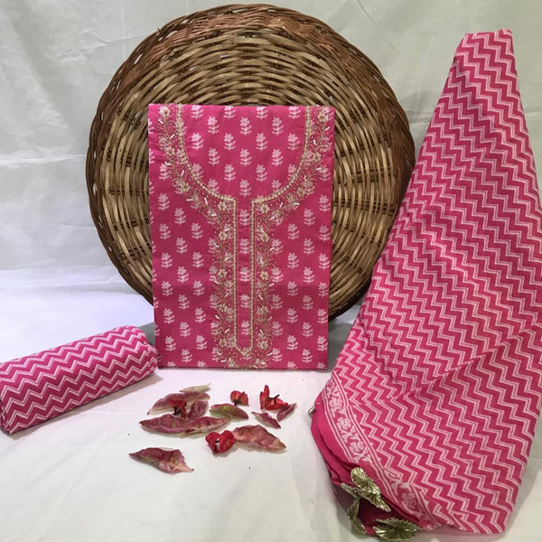 EXCLUSIVE PINK HAND BLOCK PRINT COTTON SUIT WITH COTTON DUPATTA HAND WORK (GOTAYS95)