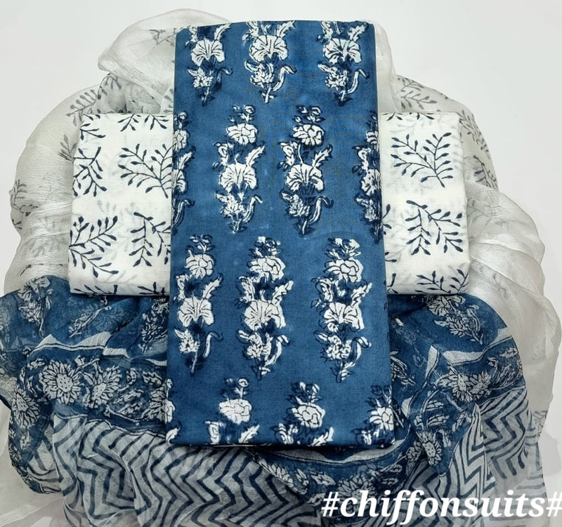 TRADITIONAL HAND PRINTED PURE COTTON SUIT WITH CHIFFION DUPTTA (PCHFYS129)