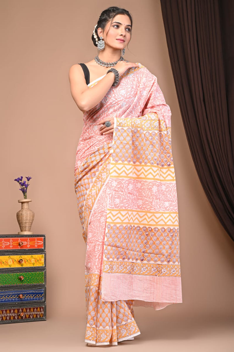 FLOWER PRINT HAND BLOCK PRINT COTTON MULMUL SAREE WITH BLOUSE (CMSYS11)