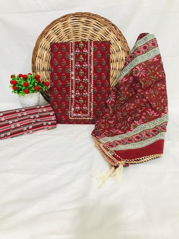 SANGANERI PRINT COTTON SUIT MATERIAL WITH COTTON DUPATTA WITH GOTA HAND WORK (GOTAYS81)