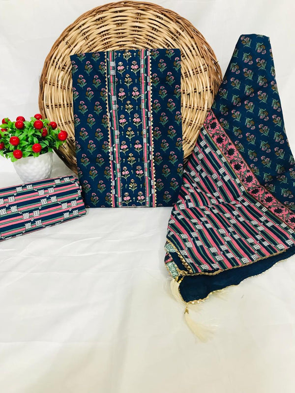 SANGANERI PRINT COTTON SUIT MATERIAL WITH COTTON DUPATTA WITH GOTA HAND WORK (GOTAYS80)