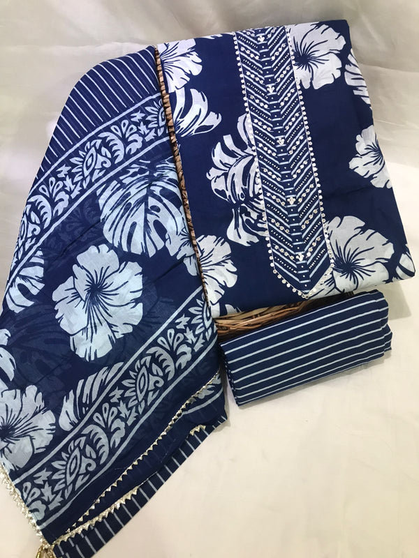 SANGANERI PRINT COTTON SUIT MATERIAL WITH COTTON DUPATTA GOTTA NECK WORK (GOTAYS119)