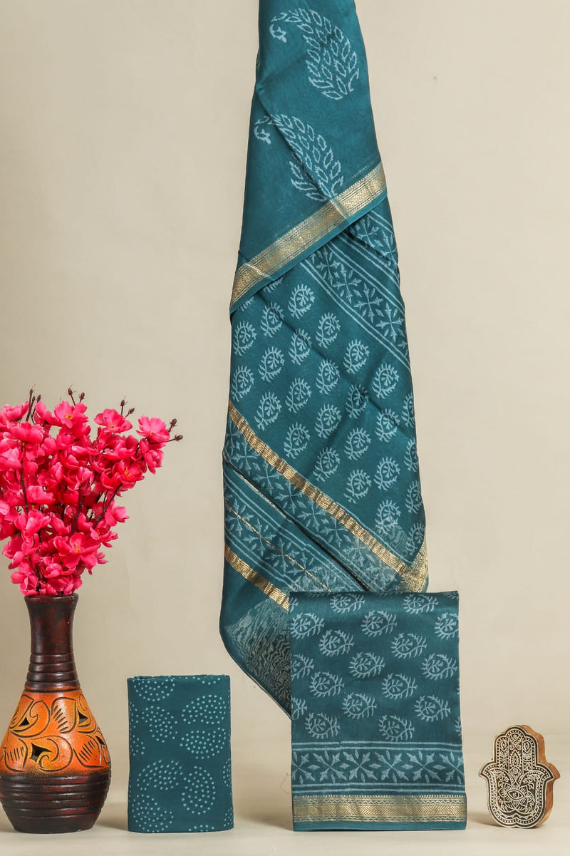 DESIGNER HAND BLOCK PRINT MAHESHWARI SILK SUIT SET (MSLYS166)