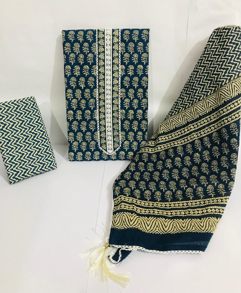 Sanganeri print cotton suit material with cotton dupatta Gotta Tye neck work (GOTAYS50)