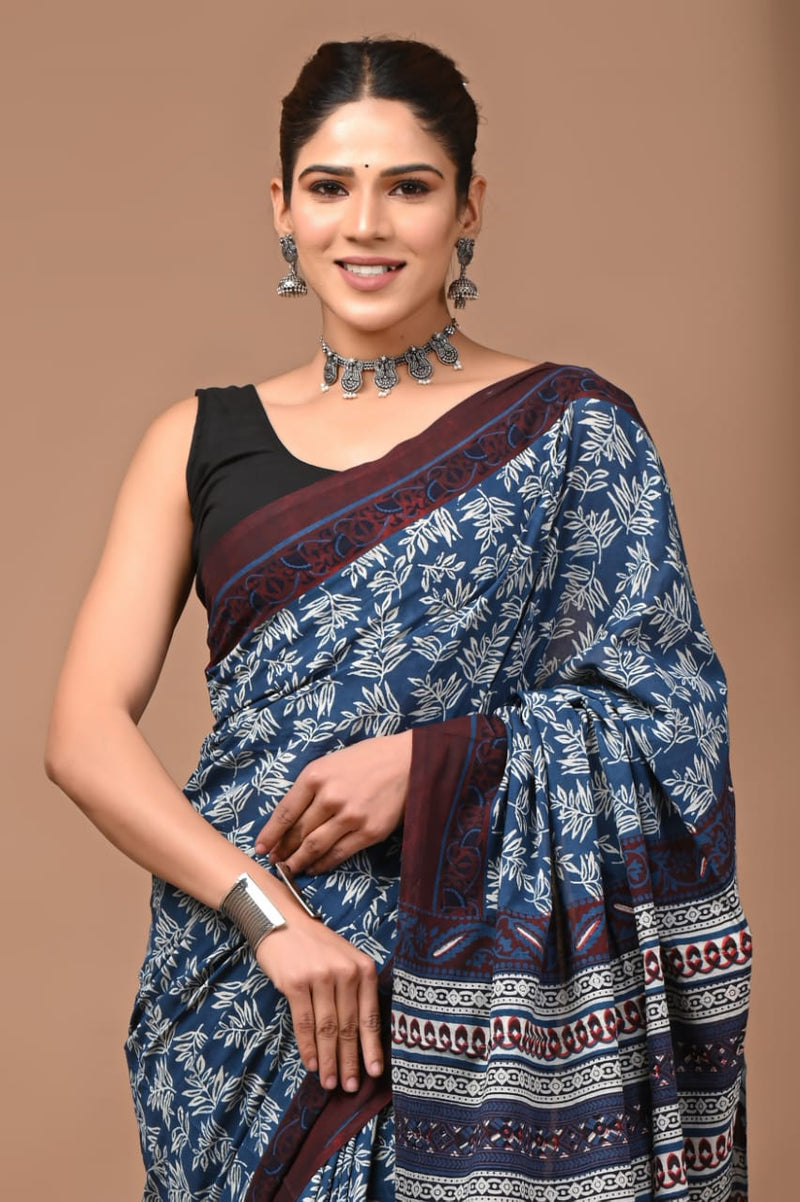 INDIGO HAND BLOCK PRINT  COTTON MULMUL SAREE WITH BLOUSE (CMSYS13)