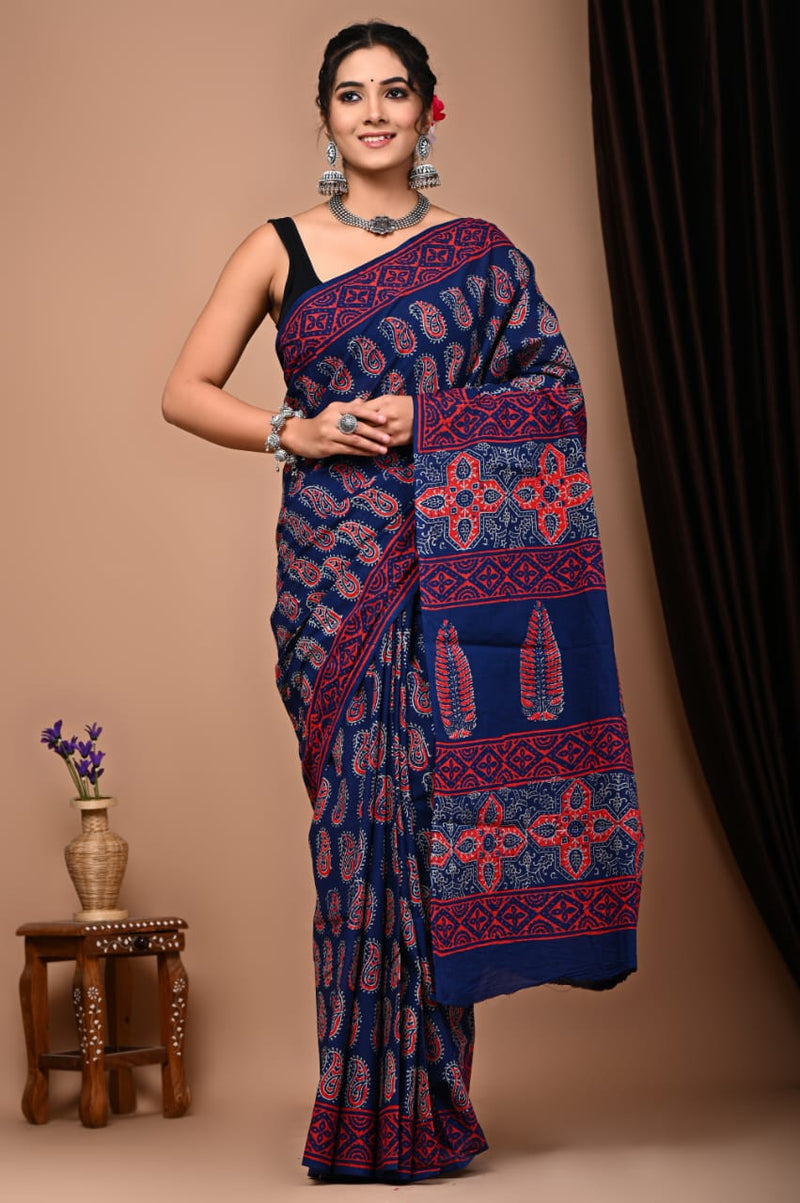 EXCLUSIVE  HAND BLOCK PRINT COTTON MULMUL SAREE WITH BLOUSE (CMSYS09)