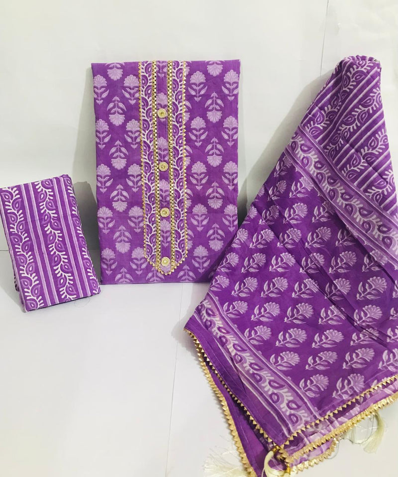 Sanganeri print cotton suit material with cotton dupatta Gotta Tye neck work  (GOTAYS06)