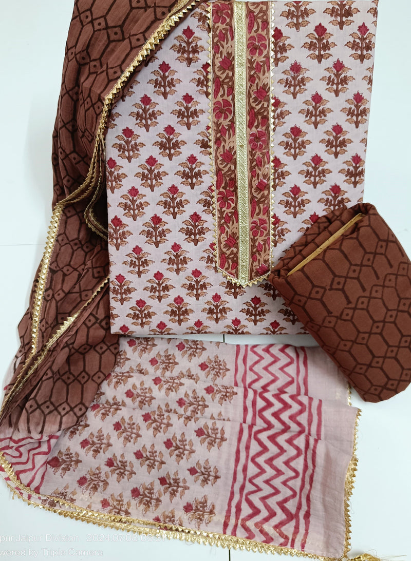 Jaipuri Printed Cotton Neck work suits with mulmul Dupatta (GOTAYS07)