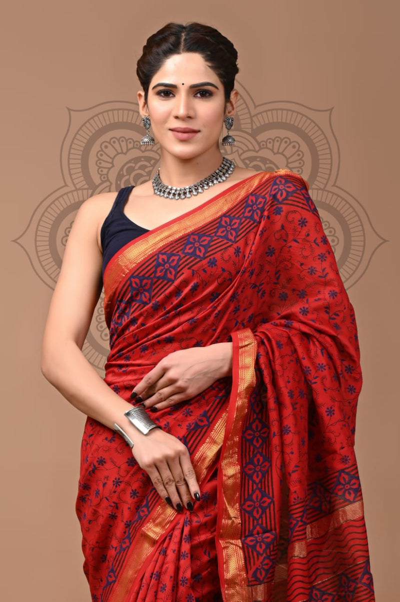 DESIGNER HAND BLOCK PRINTED MAHESWARI SILK SAREE ( MSYS03)