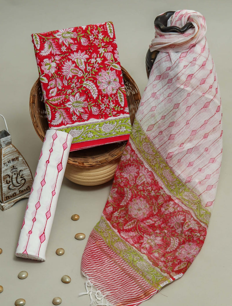 FLORAL HAND BLOCK PRINT PURE COTTON SUIT WITH DORIA DUPATTA(3CKDYS146)