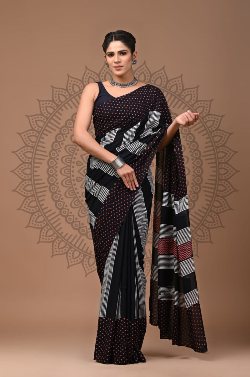 HAND BLOCK PRINT COTTON MULMUL SAREE WITH BLOUSE (CMSYS12)