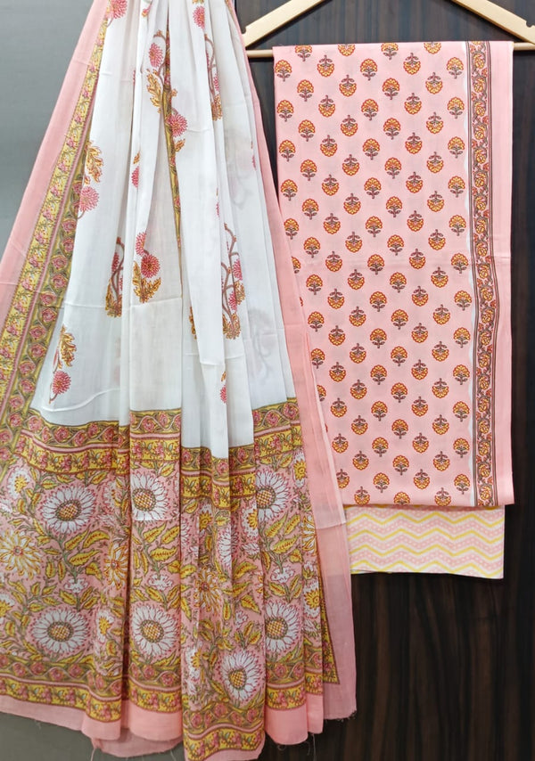 ELEGAT HAND BLOCK PRINT COTTON SUIT SET WITH MULMUL DUPATTA (MALYS319)