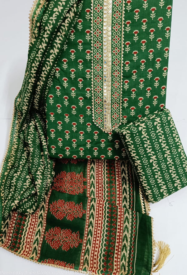 Sanganeri print cotton suit material with cotton dupatta Gotta Tye neck work (GOTAYS28)