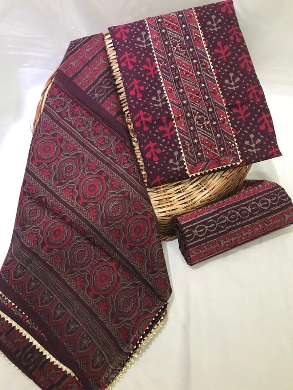 SANGANERI PRINT COTTON SUIT MATERIAL WITH COTTON DUPATTA GOTTA NECK WORK (GOTAYS123)