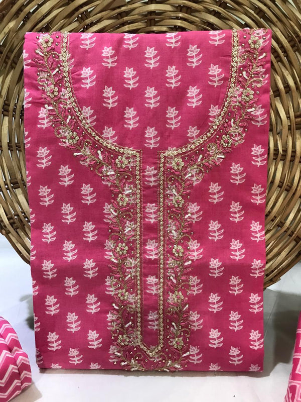 EXCLUSIVE PINK HAND BLOCK PRINT COTTON SUIT WITH COTTON DUPATTA HAND WORK (GOTAYS95)