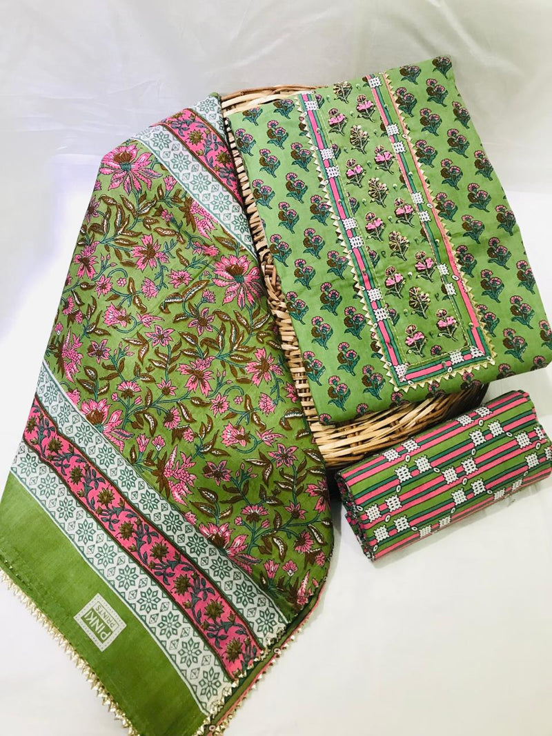 SANGANERI PRINT COTTON SUIT MATERIAL WITH COTTON DUPATTA GOTTA NECK WORK (GOTAYS115)