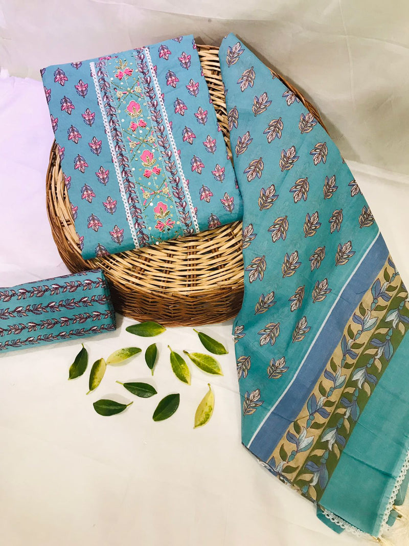 SANGANERI PRINT COTTON SUIT MATERIAL WITH COTTON DUPATTA GOTTA TYE NECK WORK (GOTAYS39)