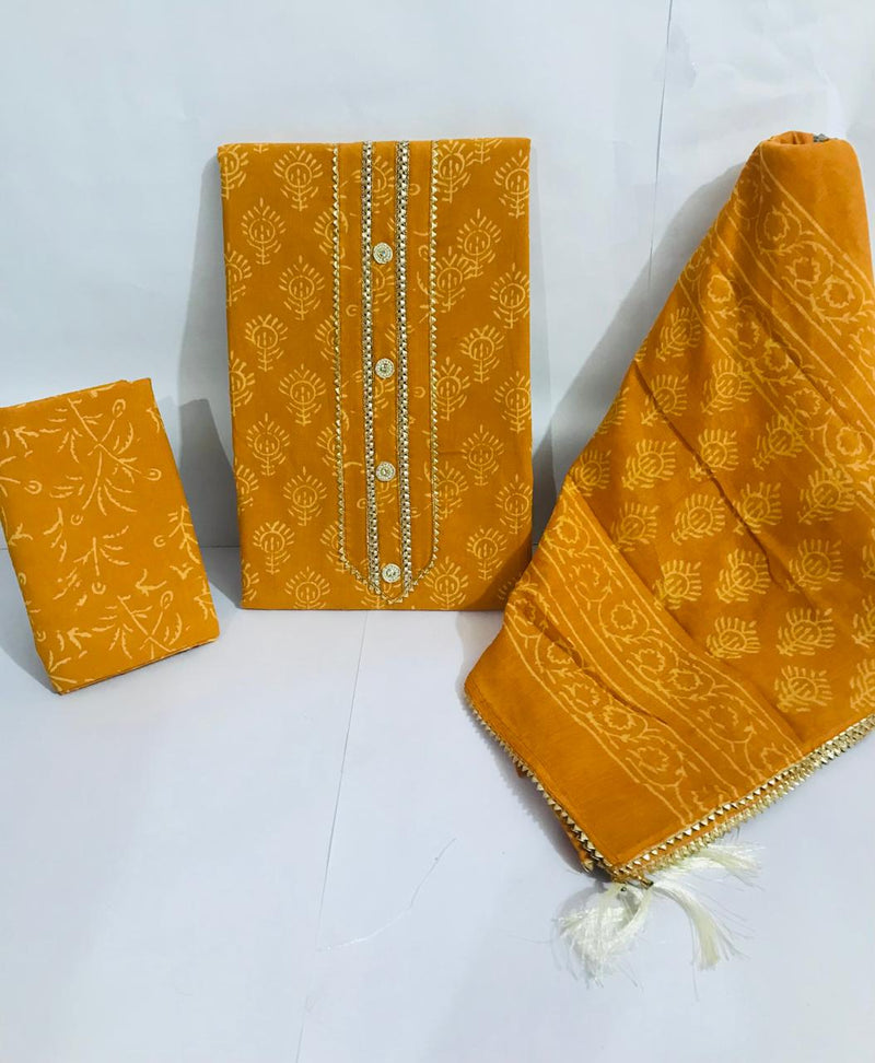 Sanganeri print cotton suit material with cotton dupatta Gotta Tye neck work (GOTAYS51)