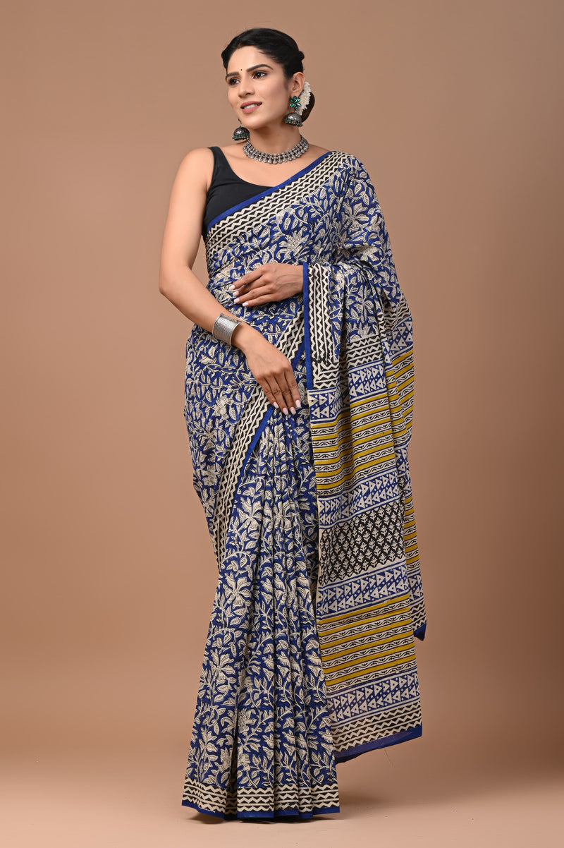 BAGRU PRINT HAND BLOCK PRINT COTTON MULMUL SAREE WITH BLOUSE (CMSYS10)