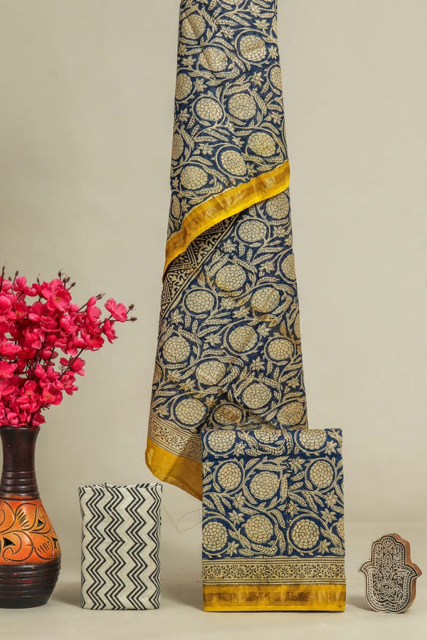 Designer Hand Block Ajrak Print Maheshwari Silk Suit Set (MSLYS02)