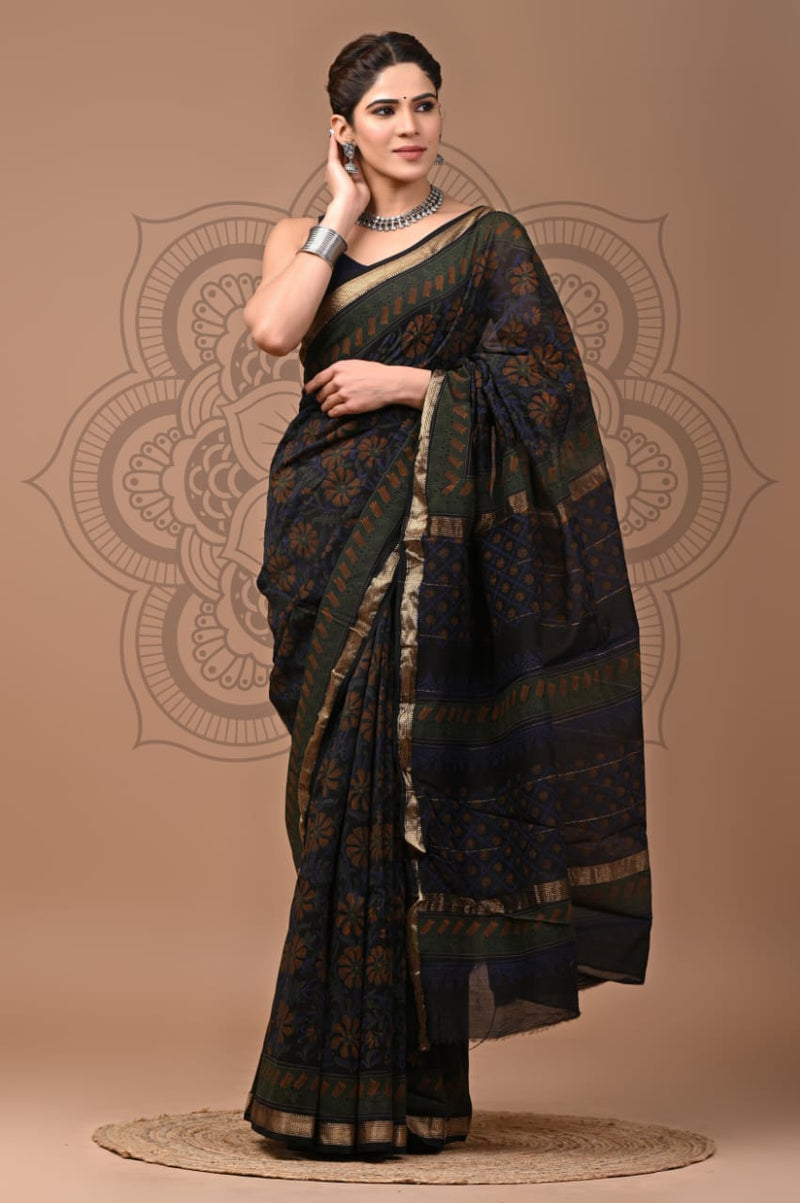 YUVI STYLE  AJRAK PRINT MAHESHWARI SILK SAREES (MSYS53)