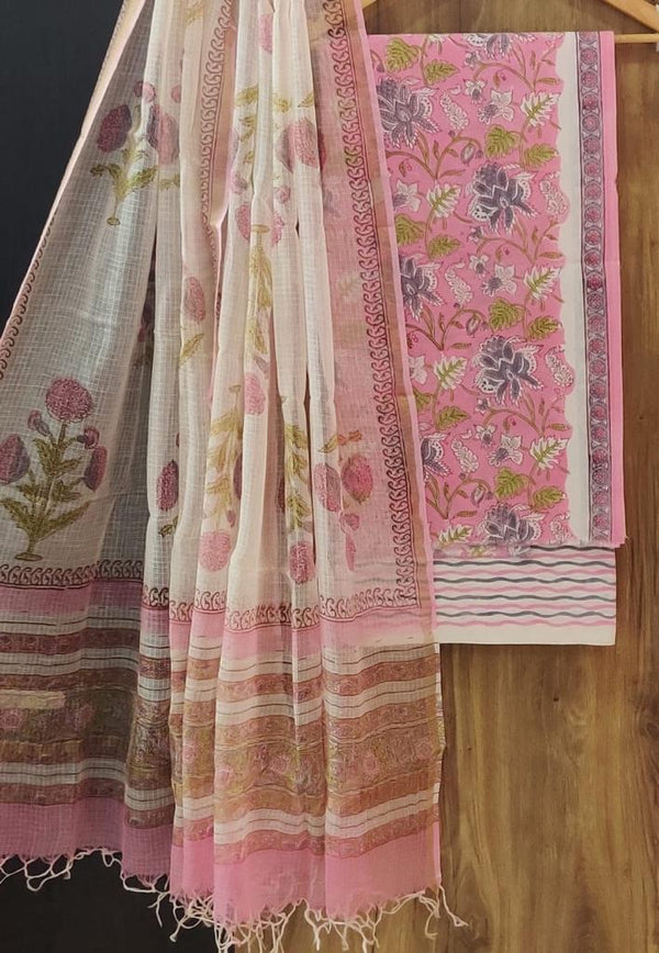 DESIGNER HAND BLOCK PRINT PURE COTTON SUIT MATERIAL WITH KOTA DORIA DUPATTA (3CKDYS74)