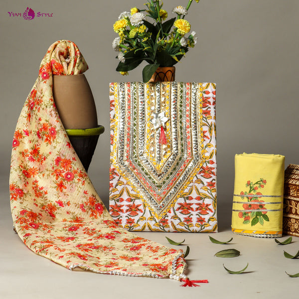 Yellow jaal print Gota Work suit set with  Kota doria dupatta (GOTAYS07)