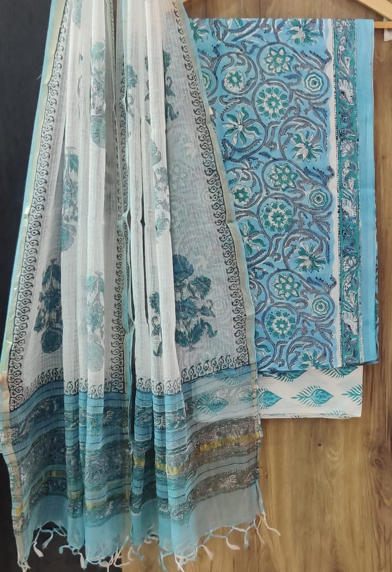 APPEALING FLORAL HAND BLOCK PRINT COTTON SUIT WITH KOTA DORIA DUPATTA (3CKDYS221)